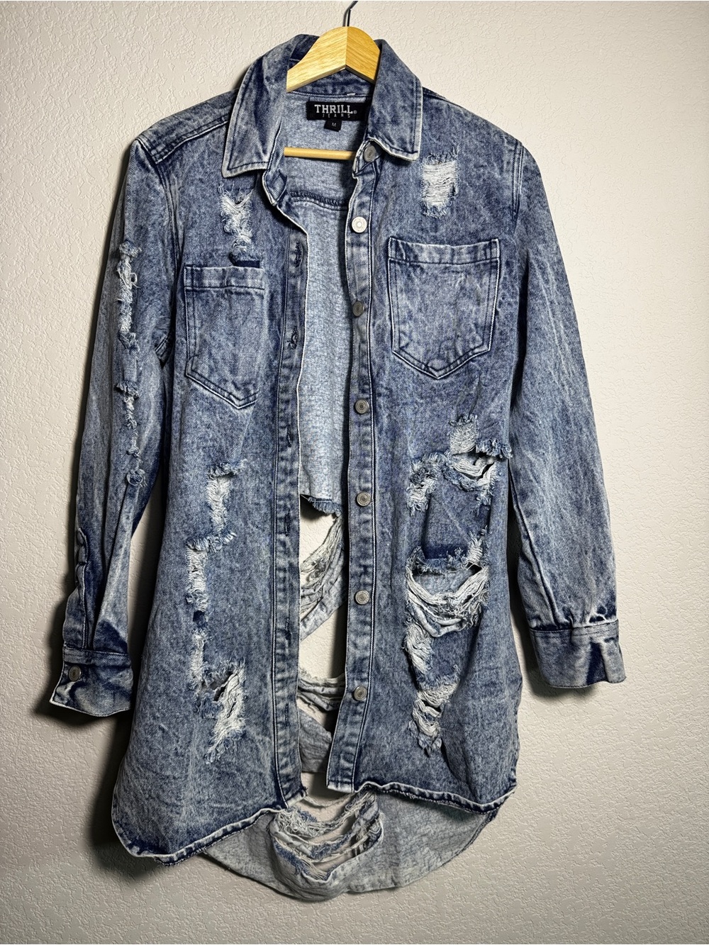 Thrill Washed Blue Distressed Denim Shirt Jacket thrasher punk size medium